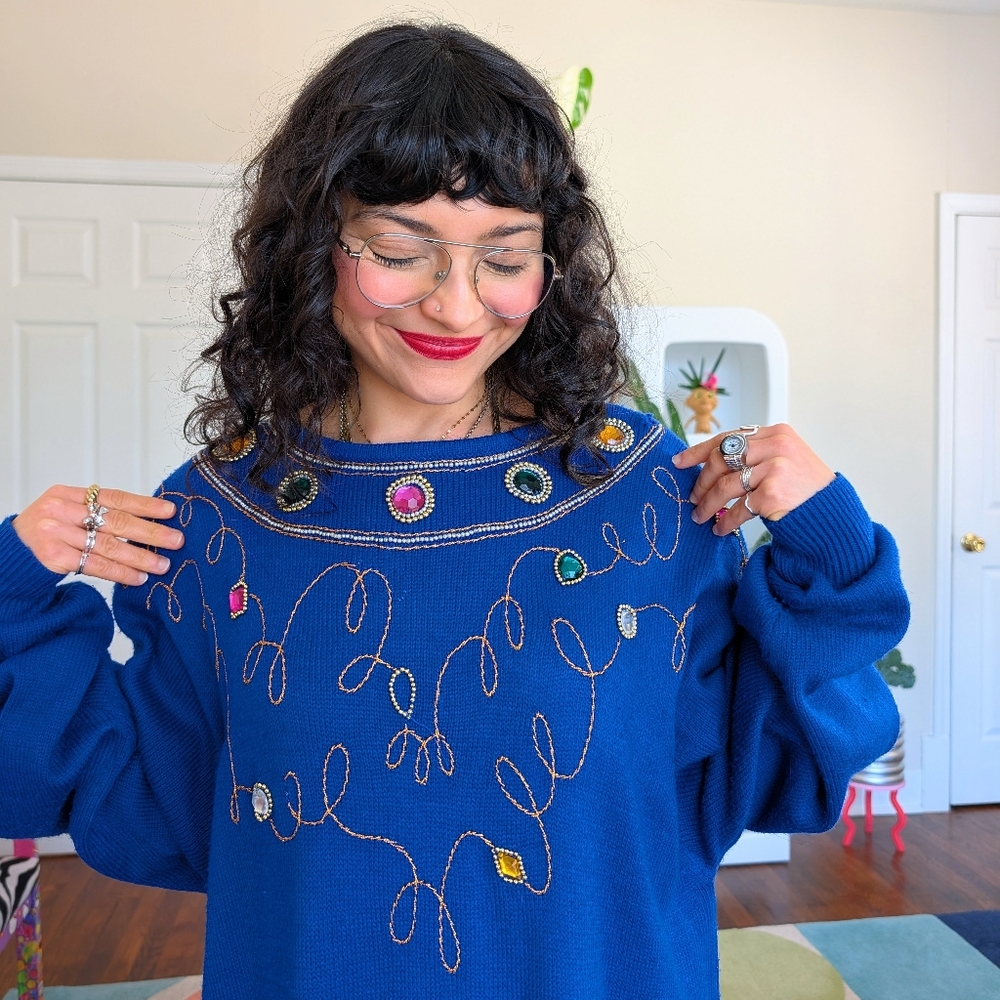 Vintage Blue Embellished Sweater Dress